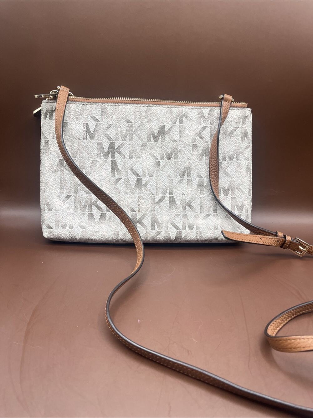 Michael Kors Double Zip Pouch Crossbody Handbag Pebbled Leather
